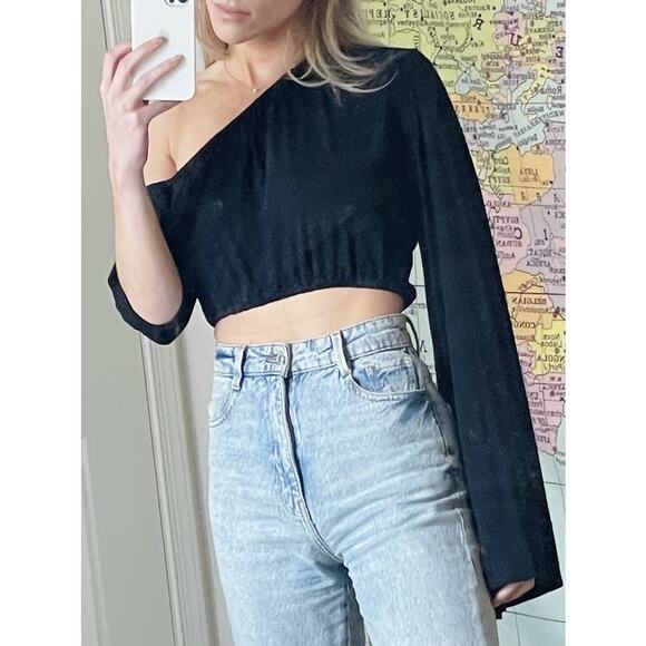 SID NEIGUM Black Cropped One Long Sleeve Asymmetric Party Top size 8 - Picture 13 of 15